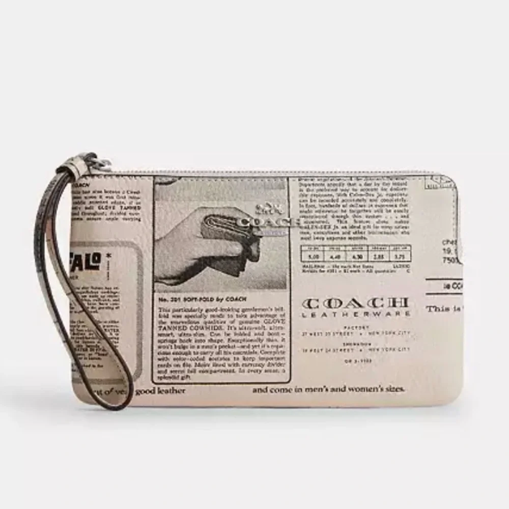 COACH LARGE CORNER ZIP WRISTLET WITH NEWSPAPER PRINT - NWT